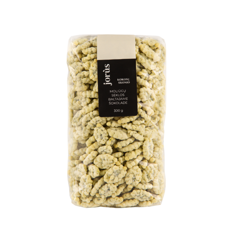 Kokosų skonio moliūgų sėklos baltajame šokolade, 300 g.