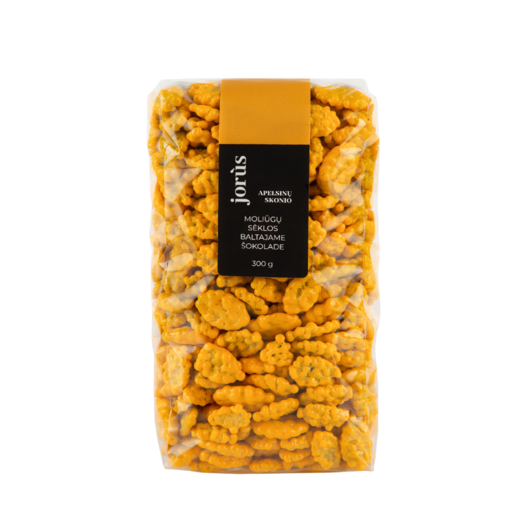 Apelsinų skonio moliūgų sėklos baltajame šokolade, 300 g.